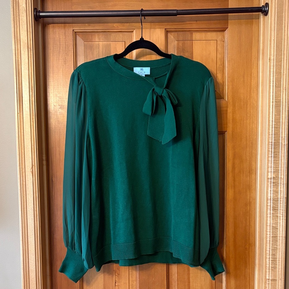 Green Blouse with Bow Detail and sheer sleeves